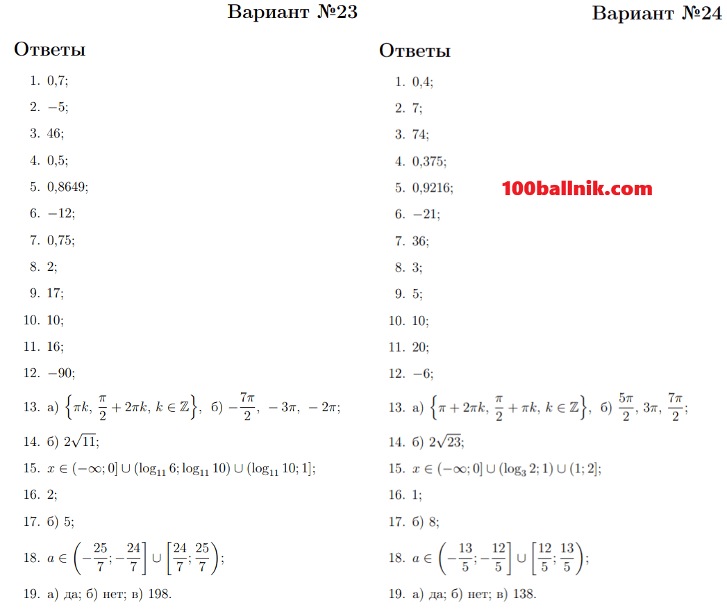 ответы для варианта 23 24 егэ 2026 математика