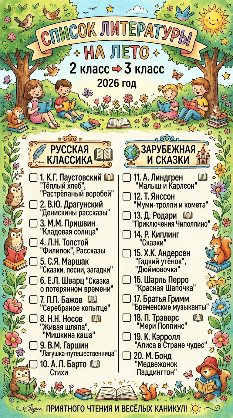 список литературы на лето 2026 для 3 класса