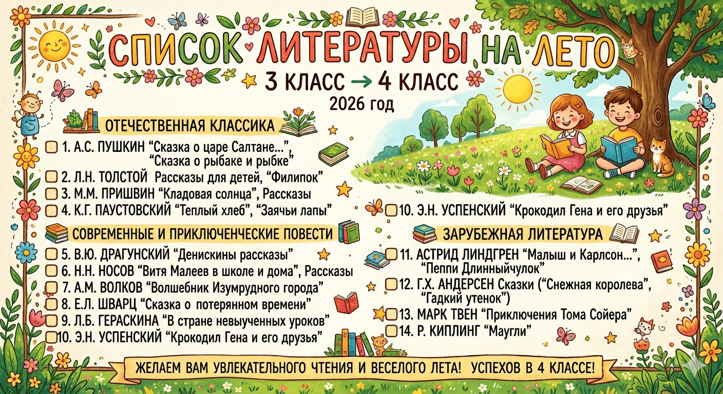 список литературы на лето 2026 для 4 класса