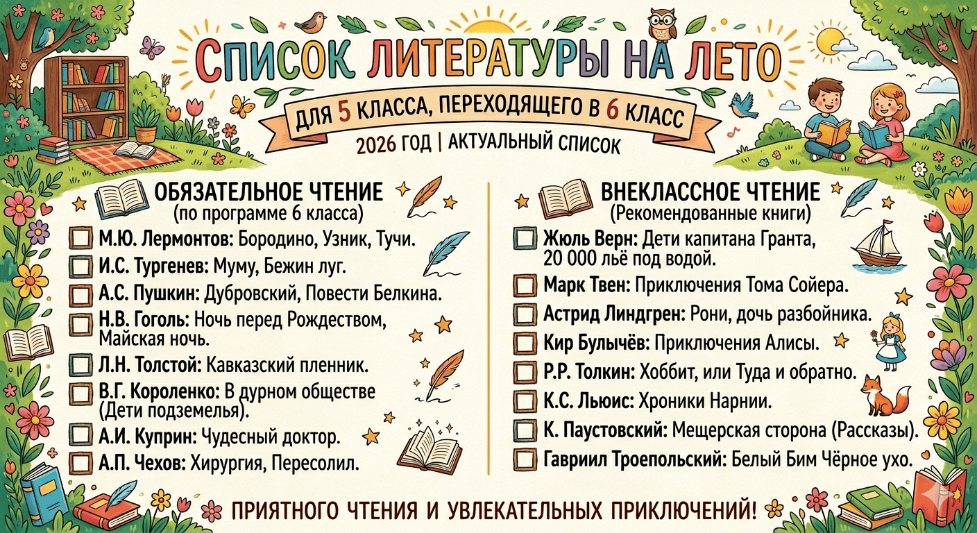 список литературы на лето 2026 для 6 класса