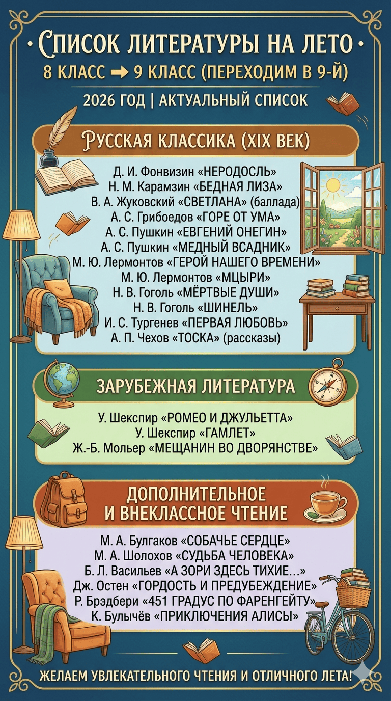 список литературы на лето 2026 для 9 класса