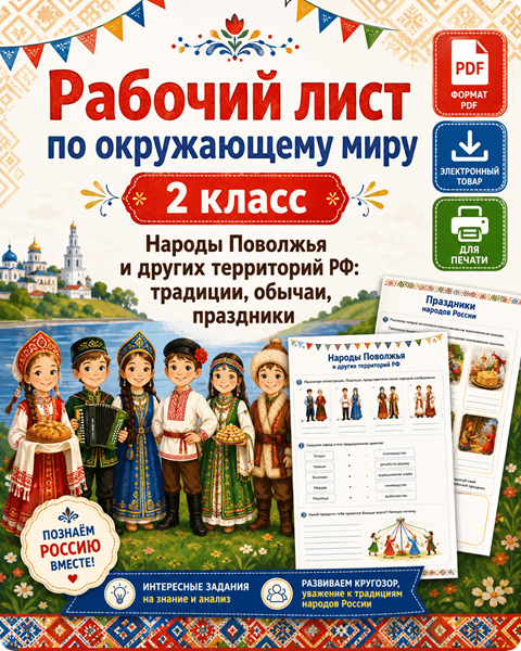 Рабочий лист Народы Поволжья и других территорий РФ: традиции, обычаи, праздники для 2 класса по окружающему миру