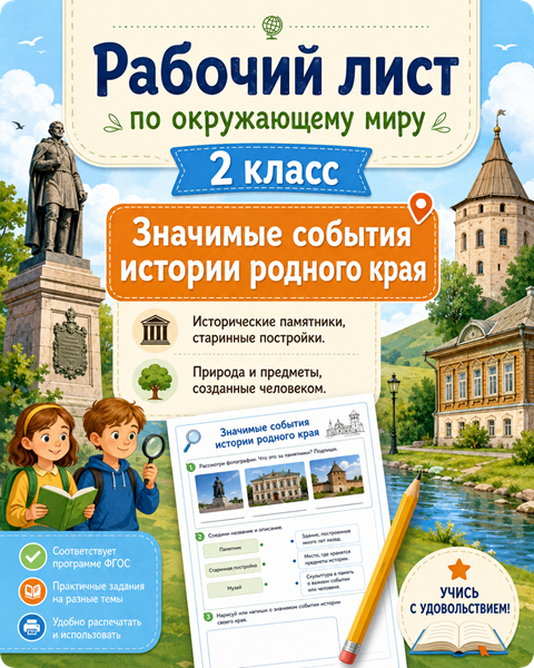 Рабочий лист Значимые события истории родного края. Исторические памятники, старинные постройки. Природа и предметы, созданные человеком для 2 класса по окружающему миру
